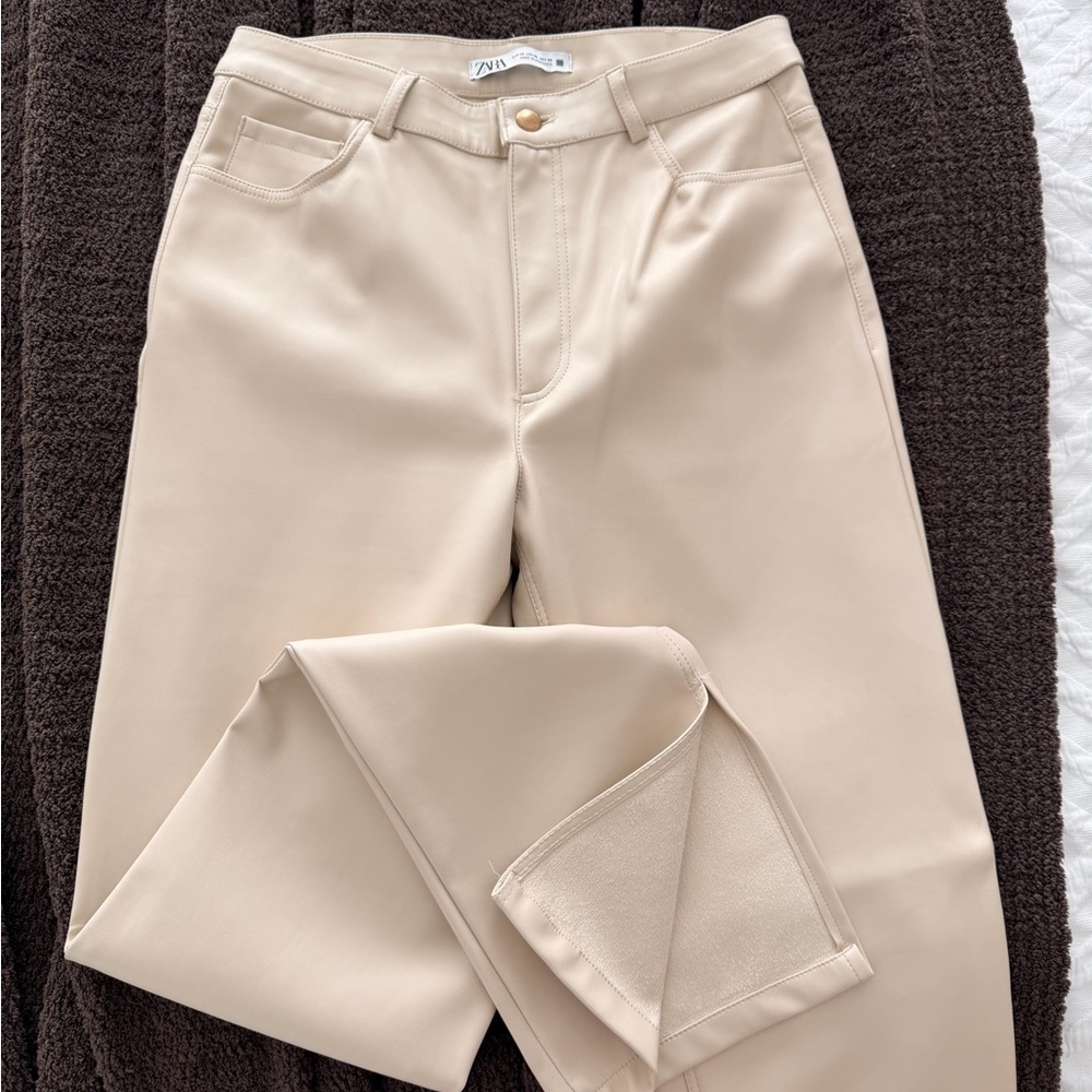 Zara Cream High-Waisted Faux Leather Pants